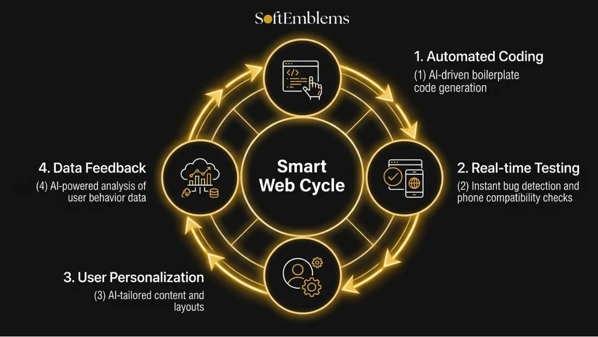 A circular infographic showing AI in web development lifecycle stages