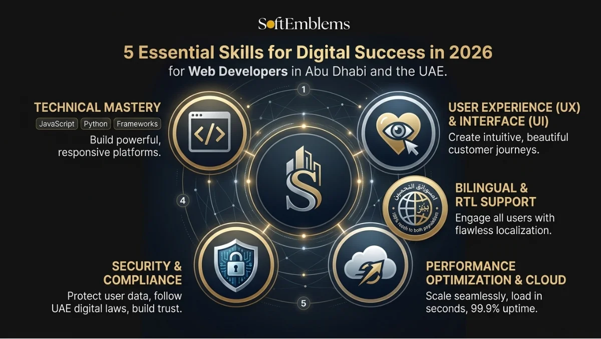 Circular diagram showcasing 5 core web developer skills for 2026 digital success